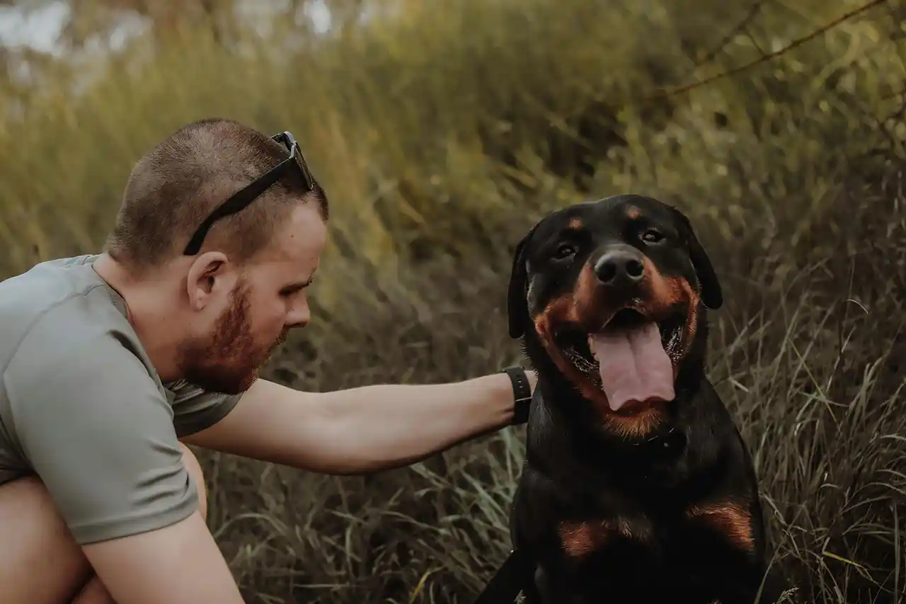 Hund und Hundebesitzer stehen entspannt in Natur